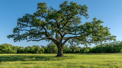 Fototapeta premium A lone, majestic oak tree stands tall in a grassy field, with a bright blue sky overhead.