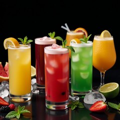 Fototapeta premium Seven vibrant cocktails garnished and artfully arranged on a dark backdrop