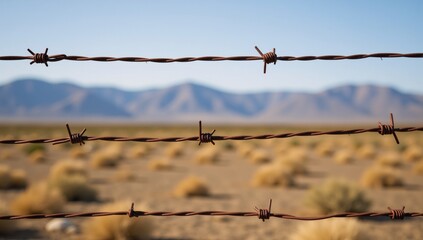 A rusty barbed-wire fence borders a desolate land embodying security and offering an eerie backdrop of blurred mountains in the distance