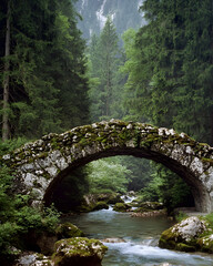 A stone arch bridge over a flowing river in a lush, green forest.