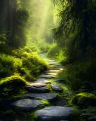 Obraz premium A stone path leads through a lush, green forest with sunlight filtering through the trees.