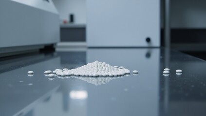 Laboratory scene featuring scattered small white pellets on a glossy surface