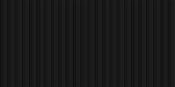 Black metal texture panel background. Abstract gray vertical wall, roof, siding, facade, fence. Modern dark banner with empty place for advertising or product display. Realistic vector illustration.