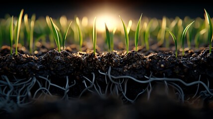 Fototapeta premium The intricate details of rice plant roots growing beneath the surface, with shadows and light playing on the soil.