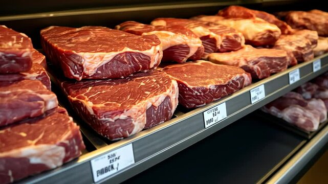 Fresh Raw Beef Steaks on Display in a Butcher Shop, meat, butchery, grocery store, supermarket, red meat