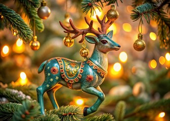 Fototapeta premium Festive ceramic reindeer Christmas tree ornament. A charming, hanging holiday decoration.