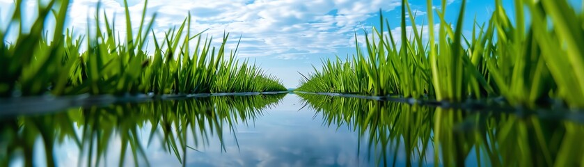 Obraz premium Vertical rice plants reflected in calm water, surreal and symmetrical