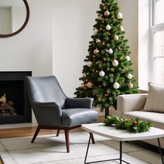 Modern Living Room Scene A minimalist depiction of a chair tree table with garland for a contemporary holiday atmosphere