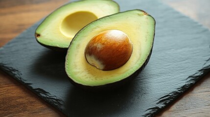 A healthy dinner with avocado on a slate serving tray.