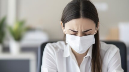 A woman in a mask appears stressed while sitting at a desk, suggesting themes of health, anxiety, and work-related pressure.