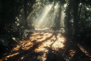 Fototapeta premium A serene forest path illuminated by sunlight, surrounded by lush greenery and fallen leaves.