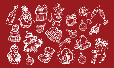 Hand drawn set of Christmas doodle icons on red background. Christmas tree, Santa hat, snowman, gift, star, sweater in sketch style. Vector illustration isolated on white background. Winter postcard.