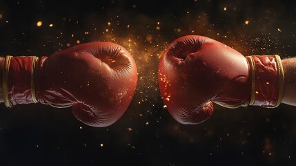 Two boxing gloves clashing in the center, with ample copy space for adding text. Ideal for a fight night poster, showcasing the intense moment before a boxing match between opponents 4k Image