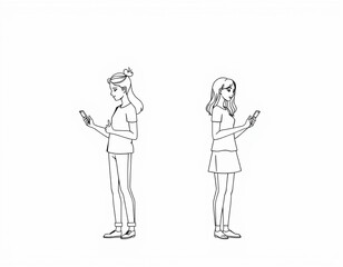 Obraz premium Two girls standing side by side, each using a smartphone.