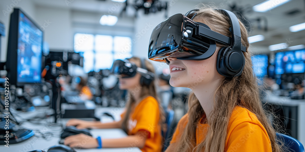 Poster young learners in tech savvy classroom immersed in virtual reality, exploring digital worlds with vr
