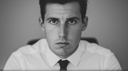 Obraz premium A serious man in a white shirt and tie stares intently at the viewer, conveying a sense of focus and determination.