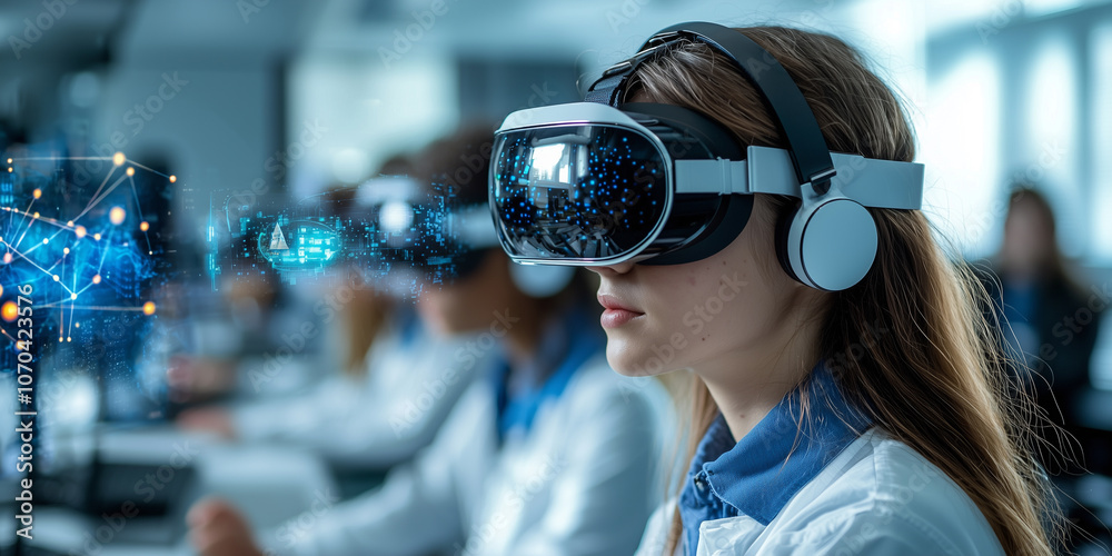 Poster group of students in modern classroom uses virtual reality headsets for immersive learning experienc