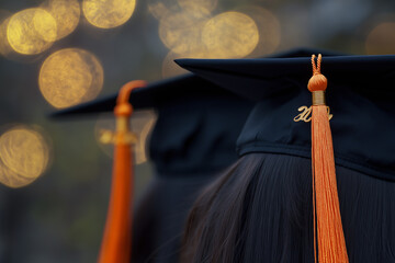 close up of blurred college students wearing black caps and tassels during graduation ceremony, bokeh effect, copy space concept 