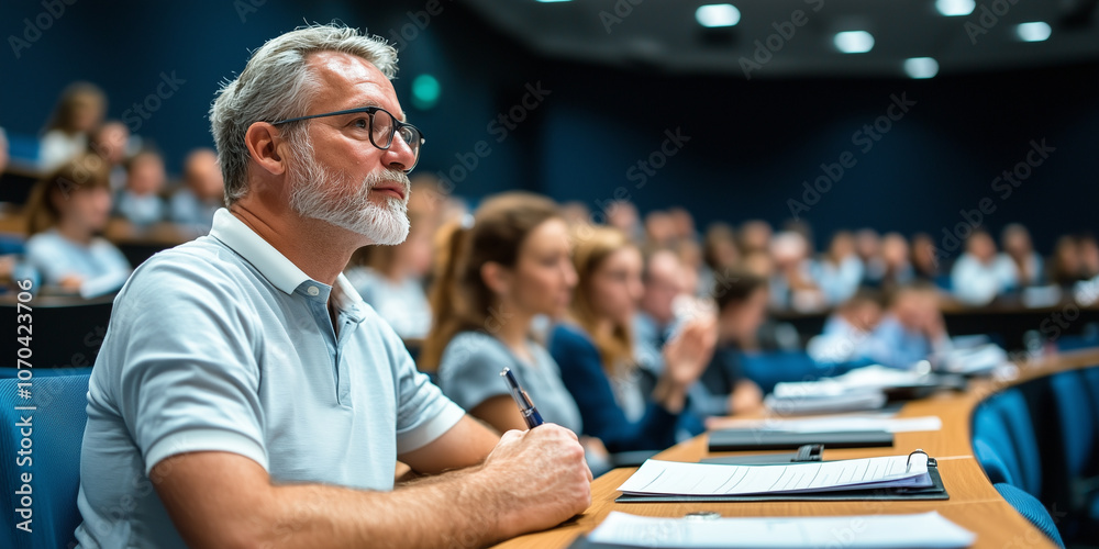 Poster diverse group of educators attentively listening during conference in lecture hall. atmosphere is fo