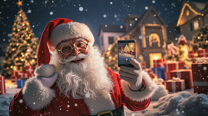 A man dressed as Santa Claus taking a selfie with his phone