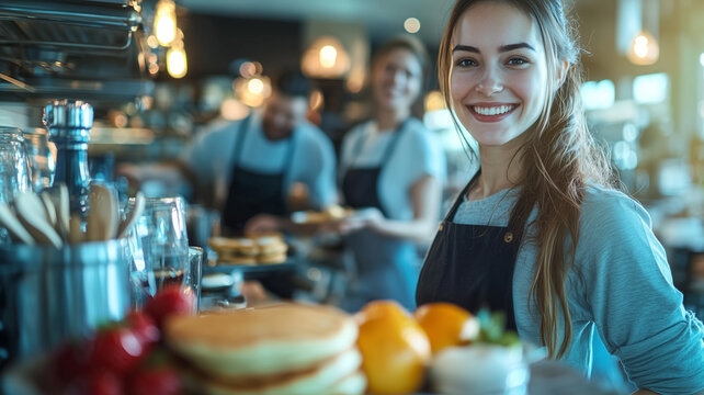 cheerful woman in bustling kitchen prepares breakfast with pancakes and fresh fruit