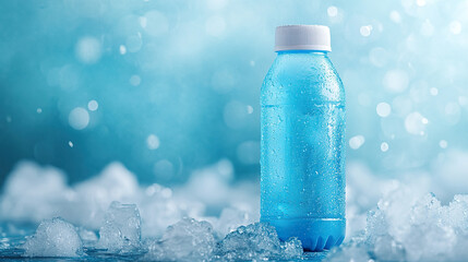 Chilled blue plastic bottle stands amidst ice cubes, creating refreshing and cool atmosphere.