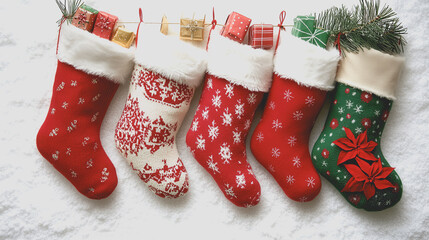 Beautifully designed Christmas stockings in vibrant colors, perfect for hanging by the fireplace. Add a festive touch to your holiday decor with these ornamental pieces.
