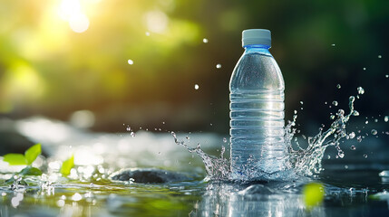 Plastic water bottle splashes in serene river, surrounded by lush greenery and sunlight.
