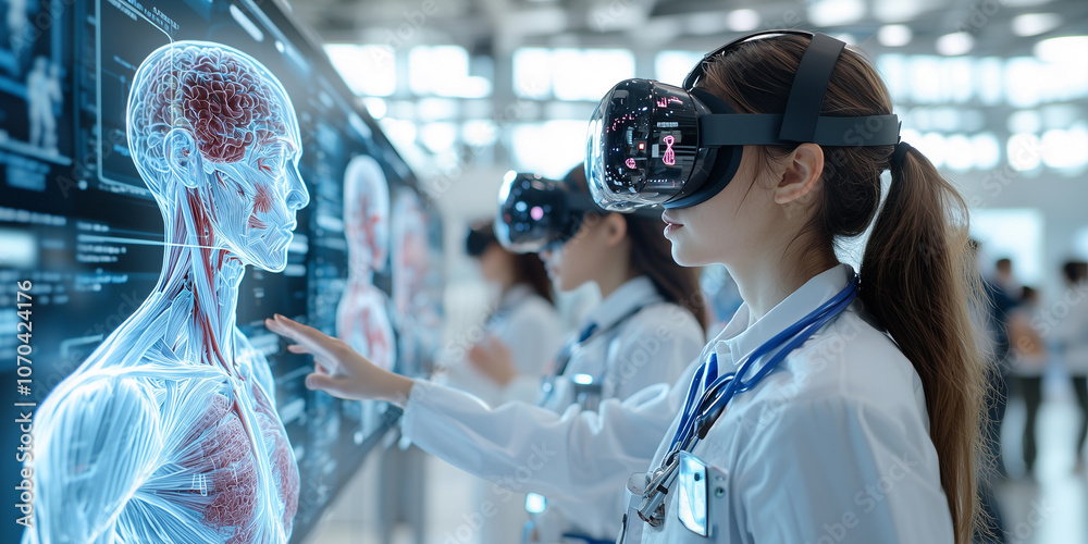 Poster students in futuristic educational setting use vr to study human anatomy, engaging with interactive 