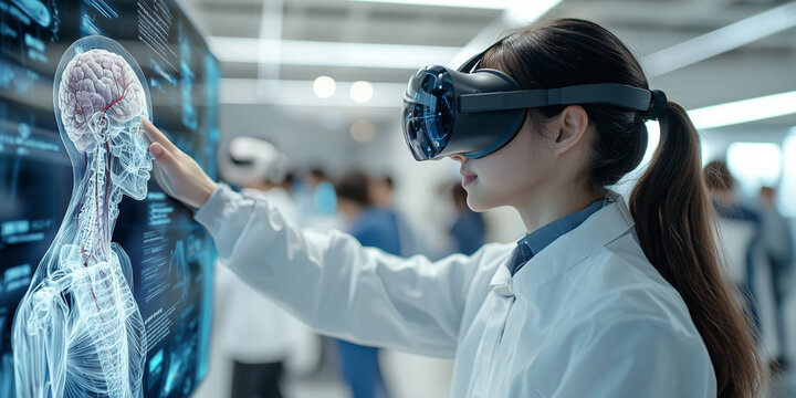 student in futuristic educational setting uses VR to study human anatomy, engaging with digital display of human body