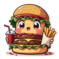 A Smiling burger holding French fries and fruit juice.