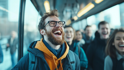 group of friends laughing and chatting as they commute on train, creating joyful atmosphere