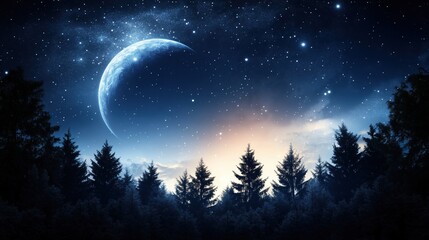 Mystical Moonlight Forest:  A crescent moon bathes a serene forest in ethereal blue light, casting long shadows through the trees and creating a mesmerizing night sky scene.