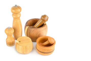 Set of wooden kitchen utensils isolated on white. Free space for text.