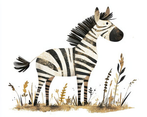 Naklejka premium Charming folk art zebra illustration in storybook style, surrounded by whimsical foliage, perfect for children's books or playful decor.