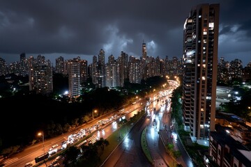 Fototapeta premium A nighttime view of a city with buildings lit up, cars on the roads, and bright street lamps illuminating the streets