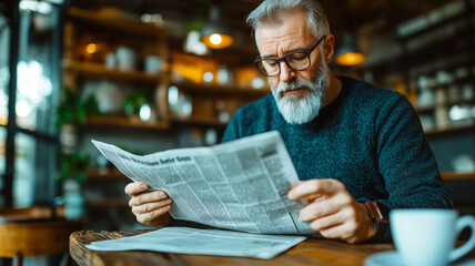man with glasses and beard reads newspaper while enjoying cup of coffee in cozy cafe setting. warm ambiance and natural light create relaxed atmosphere