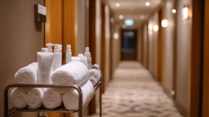 Luxurious hotel cart with white towels and toiletries in an elegant hallway