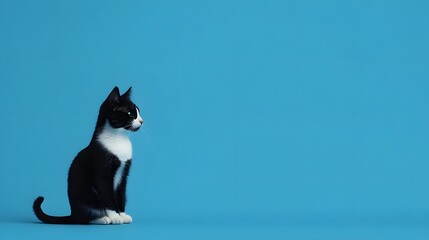 Obraz premium Full body shot. A tuxedo cat sitting, angled slightly to the left, with ears perked forward on a calm blue backdrop, 4k resolution, no background, no shadow