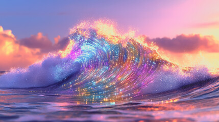 Experience the stunning beauty of ocean waves with vibrant colors and foamy crests, capturing the essence of nature's dynamic force at sunset.
