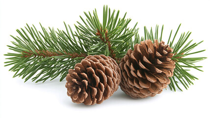 Fototapeta premium pine tree branches with pine cones on a white background.