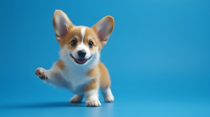 Full body shot. A corgi puppy standing with its big ears up and tail wagging, looking playful on a rich blue background, 4k resolution, no background, no shadow