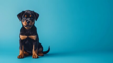 Full body shot. A Rottweiler puppy sitting with its tail curled around, giving a calm and observant expression on a rich blue background, 4k resolution, no background, no shadow