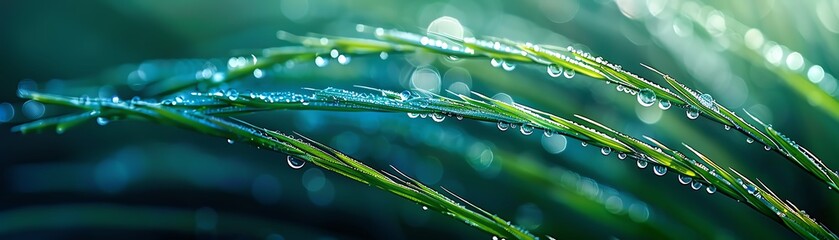 Close-up of a rice plant's dewdrops reflecting morning light, soft pastels and blurred edges, 1950s botanical illustration style