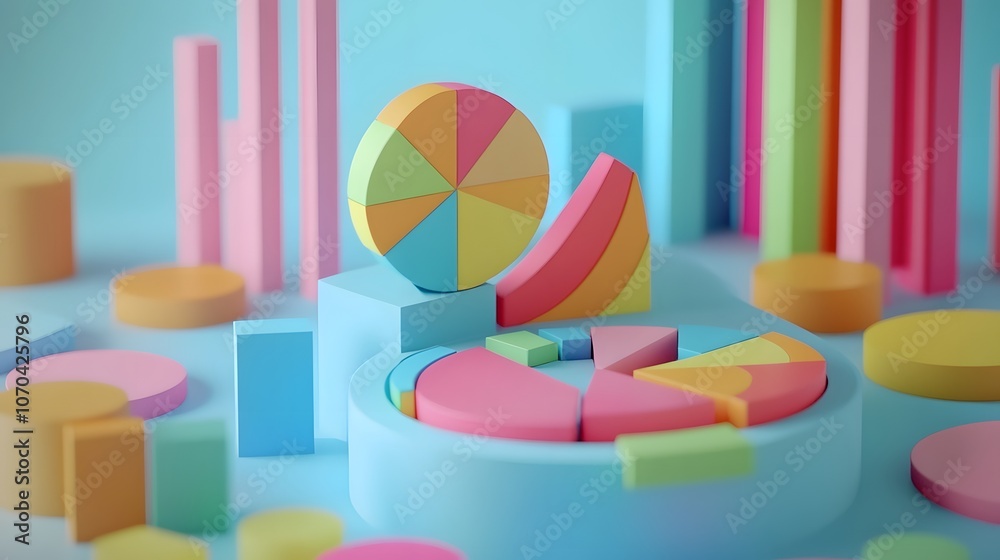 Aufkleber A 3D model of a performance report featuring pie charts with vibrant colors, arranged in an organized fashion, on a soft blue background, 4k resolution, no background, no shadow