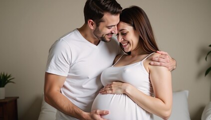 Fototapeta premium Happy couple sharing tender moments at their cozy home as the expecting mother is embraced by her loving husband