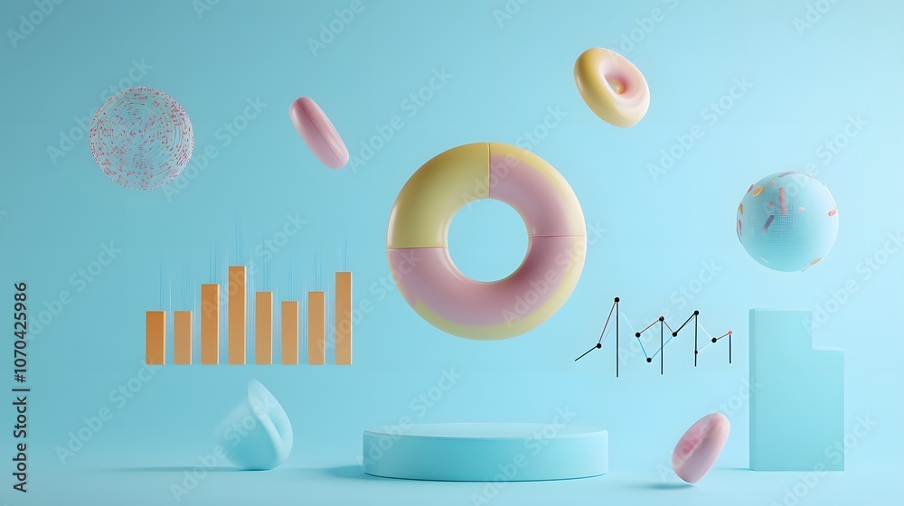 Aufkleber A 3D-rendered performance report featuring multiple data visuals, including a donut chart and line graph, floating with a modern aesthetic on a light blue background, 4k resolution, no background, no