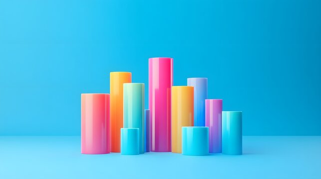 A 3D performance report in the form of a layered bar chart with gradient colors, aligned in an organized structure on a calm blue background, 4k resolution, no background, no shadow