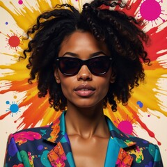 Fototapeta premium Modernist African American Woman portrait featuring vibrant colors abstract elements and paint splatters