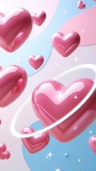 Inflated heart balloons hanging in the air with pink glittering material on light background. valentine's day backdrop